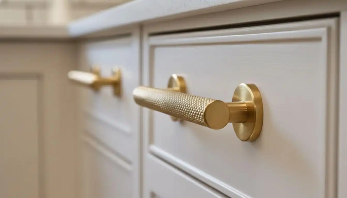 Brushed gold cabinet hardware design on light gray shaker drawers, featuring a knurled cylindrical pull bar mounted on circular backplates. This close-up shot highlights the luxurious texture and finish, fitting for a modern kitchen design.