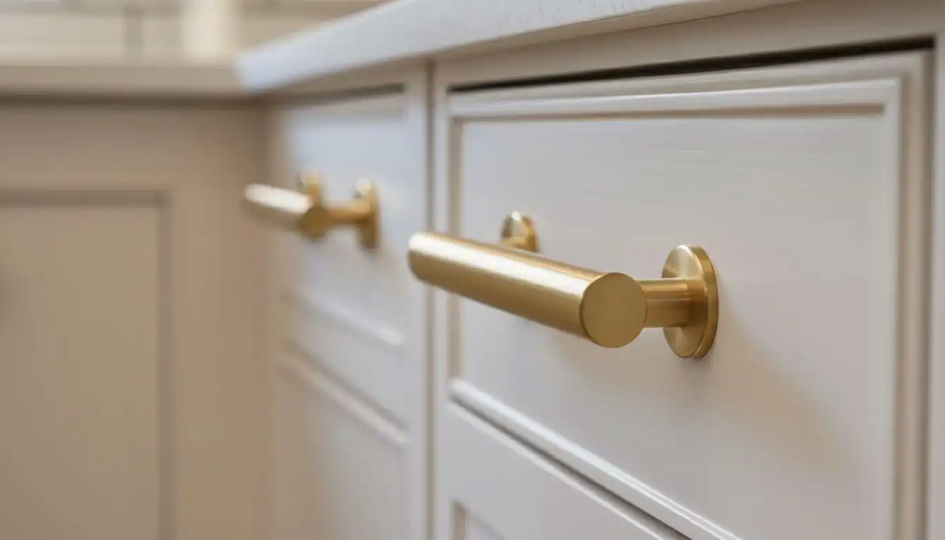 Sleek, brushed gold cabinet hardware design on light gray shaker drawers, featuring a smooth, cylindrical bar pull mounted on circular backplates. This modern design choice is perfect for a clean, contemporary kitchen aesthetic.