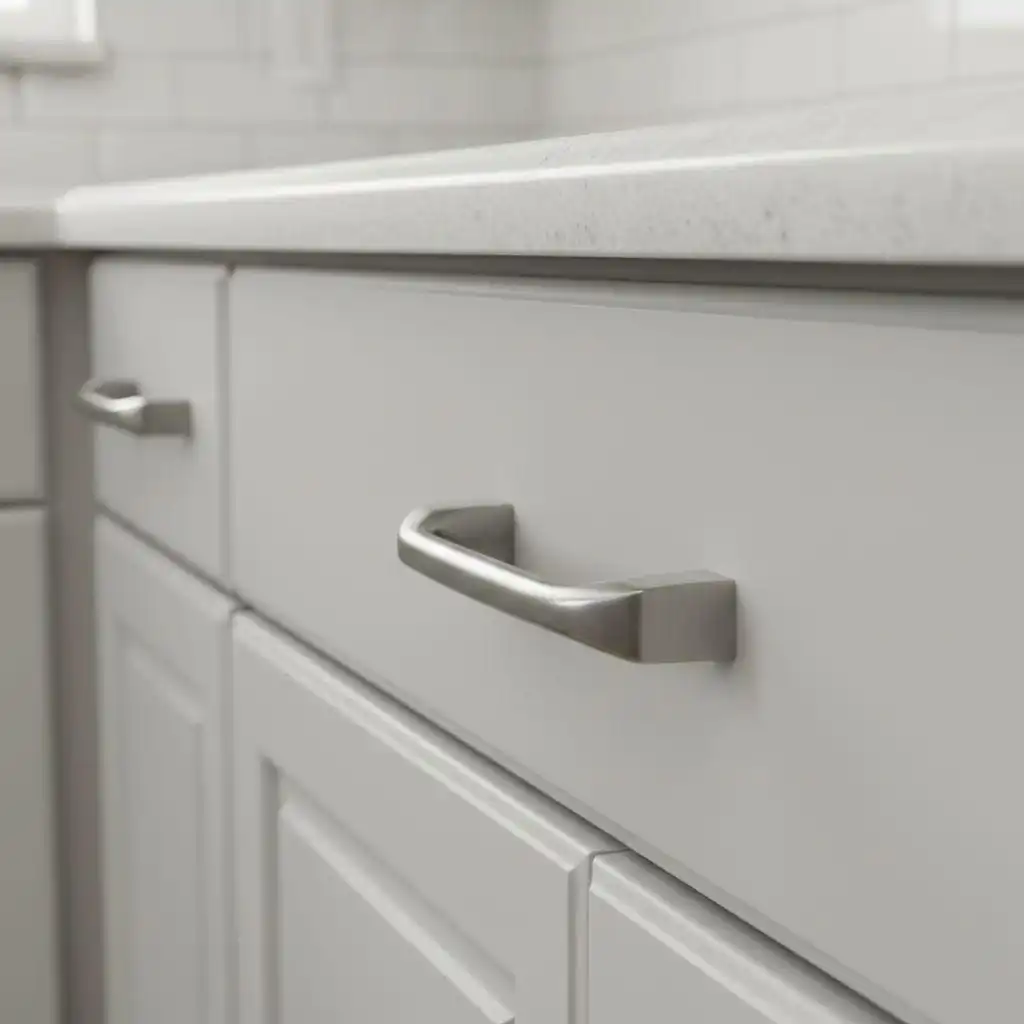 Sleek, cylindrical gold cabinet hardware design on light gray shaker drawers, featuring a smooth bar pull mounted on circular backplates. This close-up highlights a stylish option when you choose the best gold cabinet hardware design for a modern kitchen.