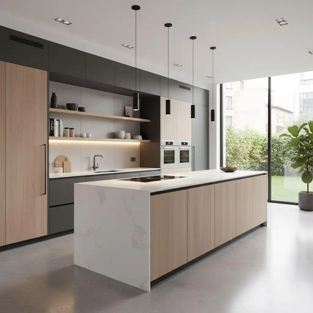 A modern kitchen design featuring a large white quartz island with waterfall edge, light wood cabinets, dark gray upper cabinetry, and integrated appliances. Pendant lighting hangs above the island, and a large window offers a view of a green outdoor area.