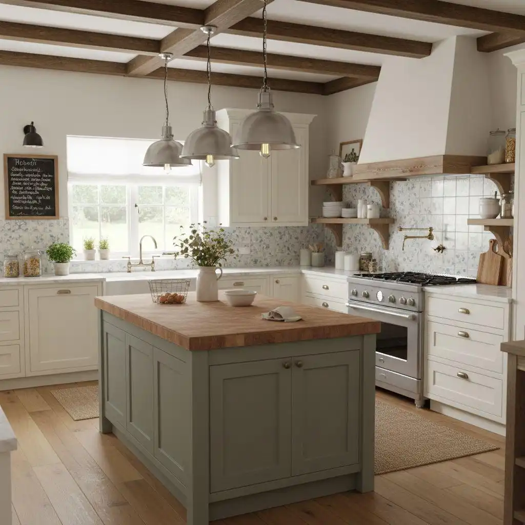 A charming farmhouse-style kitchen featuring exposed wooden ceiling beams, white cabinetry, a large sage green island with a butcher block countertop, and a white tiled backsplash with a subtle blue floral pattern. Three industrial-style metal pendant lights hang over the island.