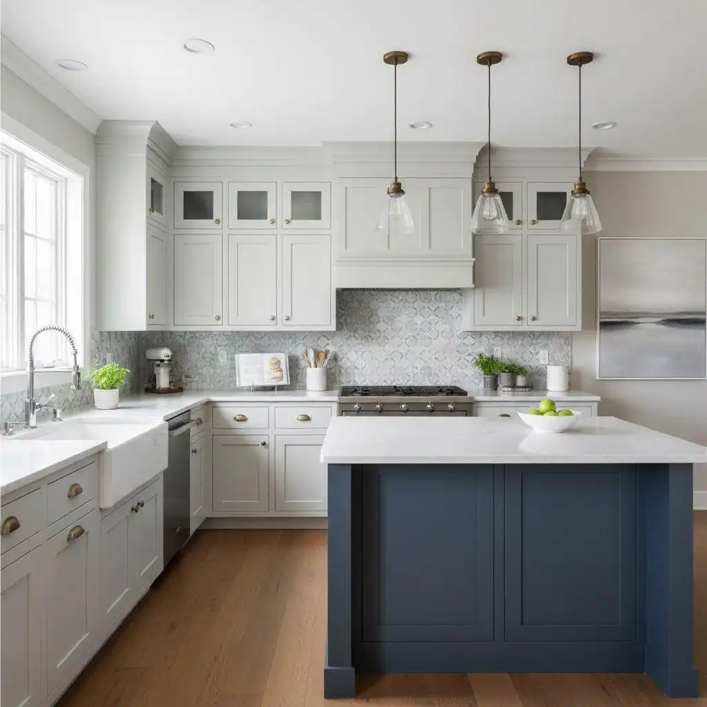 A bright transitional kitchen featuring light gray Shaker-style perimeter cabinets, a farmhouse sink, a dark navy blue central island with a white countertop, and a patterned gray and white mosaic tile backsplash. Brass hardware is used throughout the space.