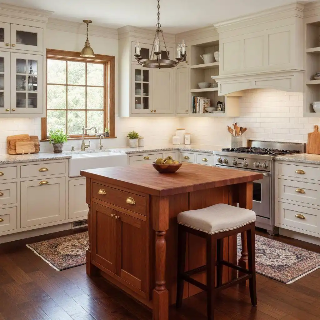 A warm, traditional kitchen featuring beige Shaker-style cabinets, light granite countertops, a dark cherry wood central island with a butcher block top, and brass hardware. The space includes a farmhouse sink, subway tile backsplash, and dark wood flooring.