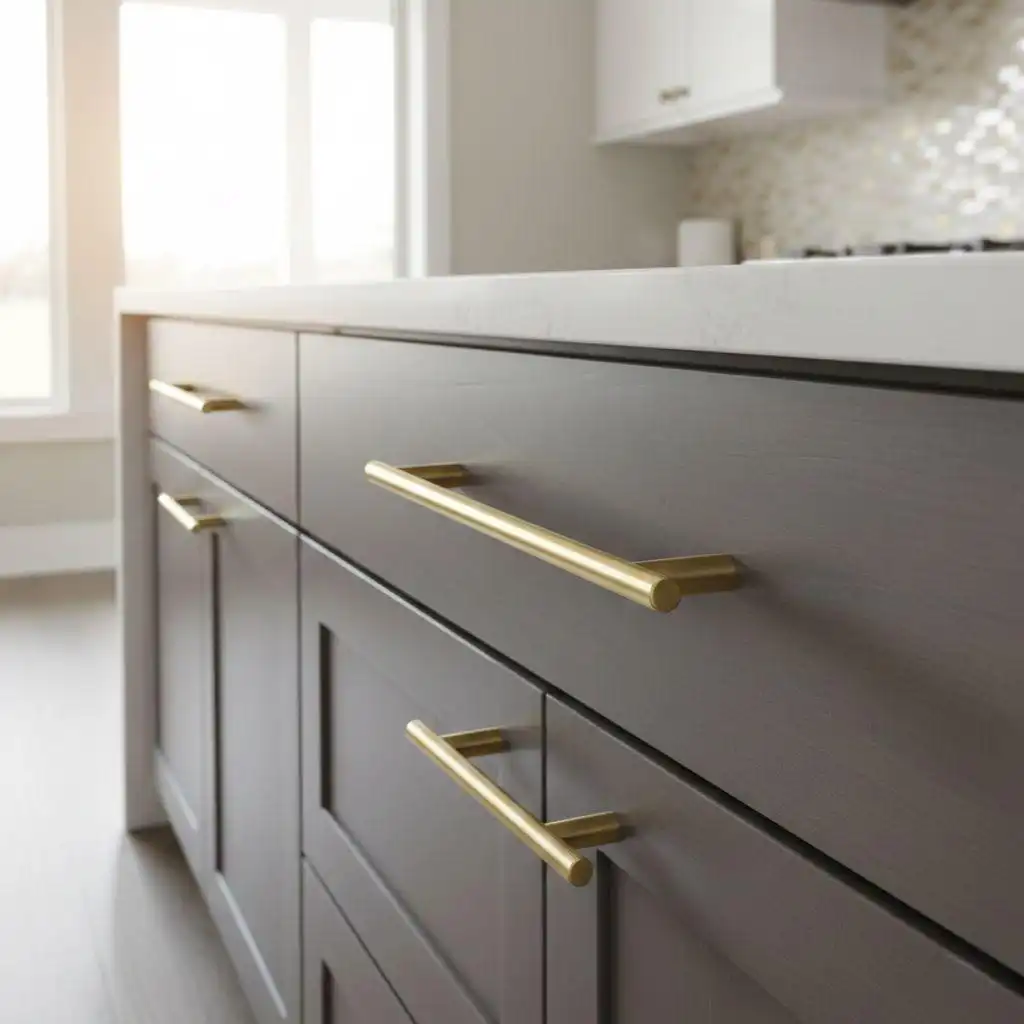A close-up photo showing sleek, brushed gold (brass) drawer pull handles installed on dark gray, Shaker-style wood cabinets. The countertop is white, and soft sunlight streams in from a window in the kitchen background. Focus keyword: choose the best gold cabinet hardware design.