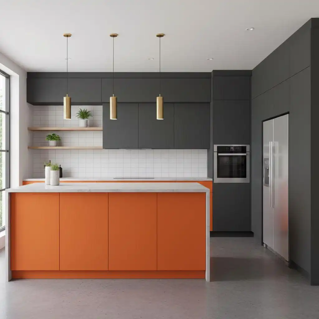 Modern kitchen interior featuring vibrant orange island cabinets, dark gray upper cabinetry, white subway tile backsplash, and gold pendant lighting fixtures