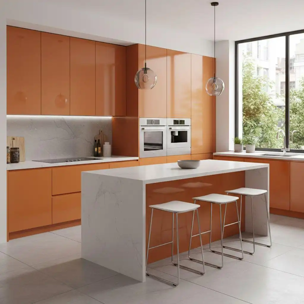A modern minimalist kitchen design featuring high-gloss vibrant orange handleless cabinets, paired with a central island and backsplash with a white marble-look countertop.