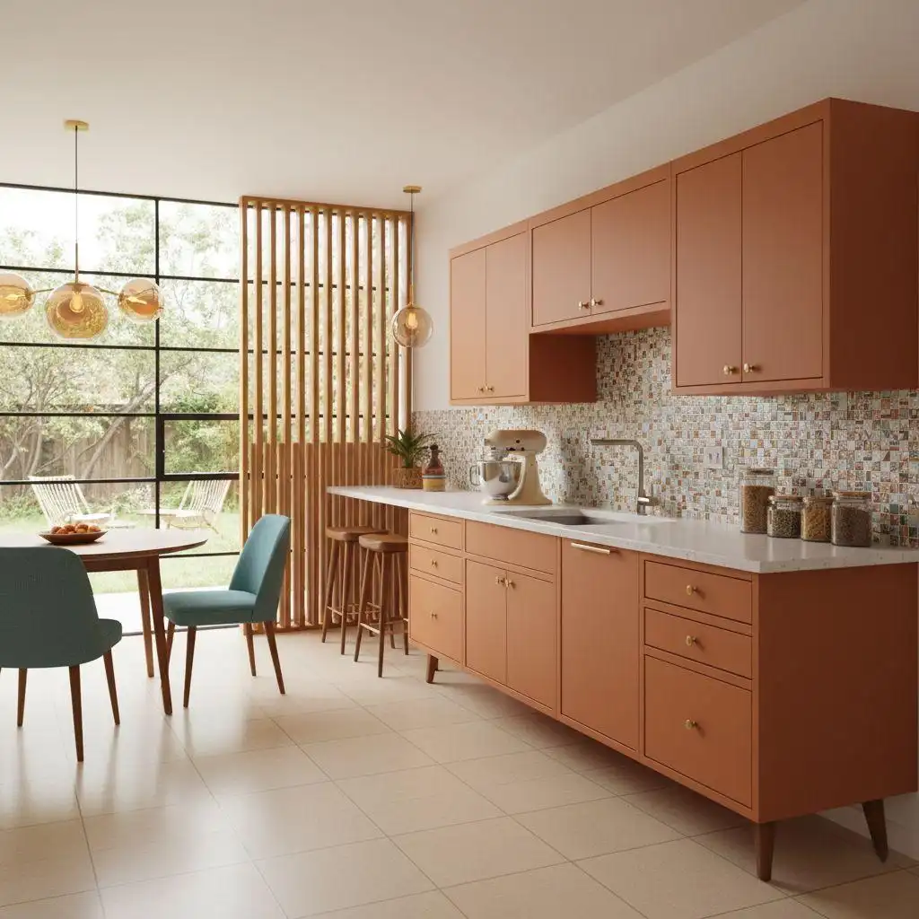 Mid-century modern style kitchen featuring matte terracotta/vibrant orange cabinets with brass hardware and tapered legs. The kitchen has a white countertop and a colorful, patterned mosaic tile backsplash.