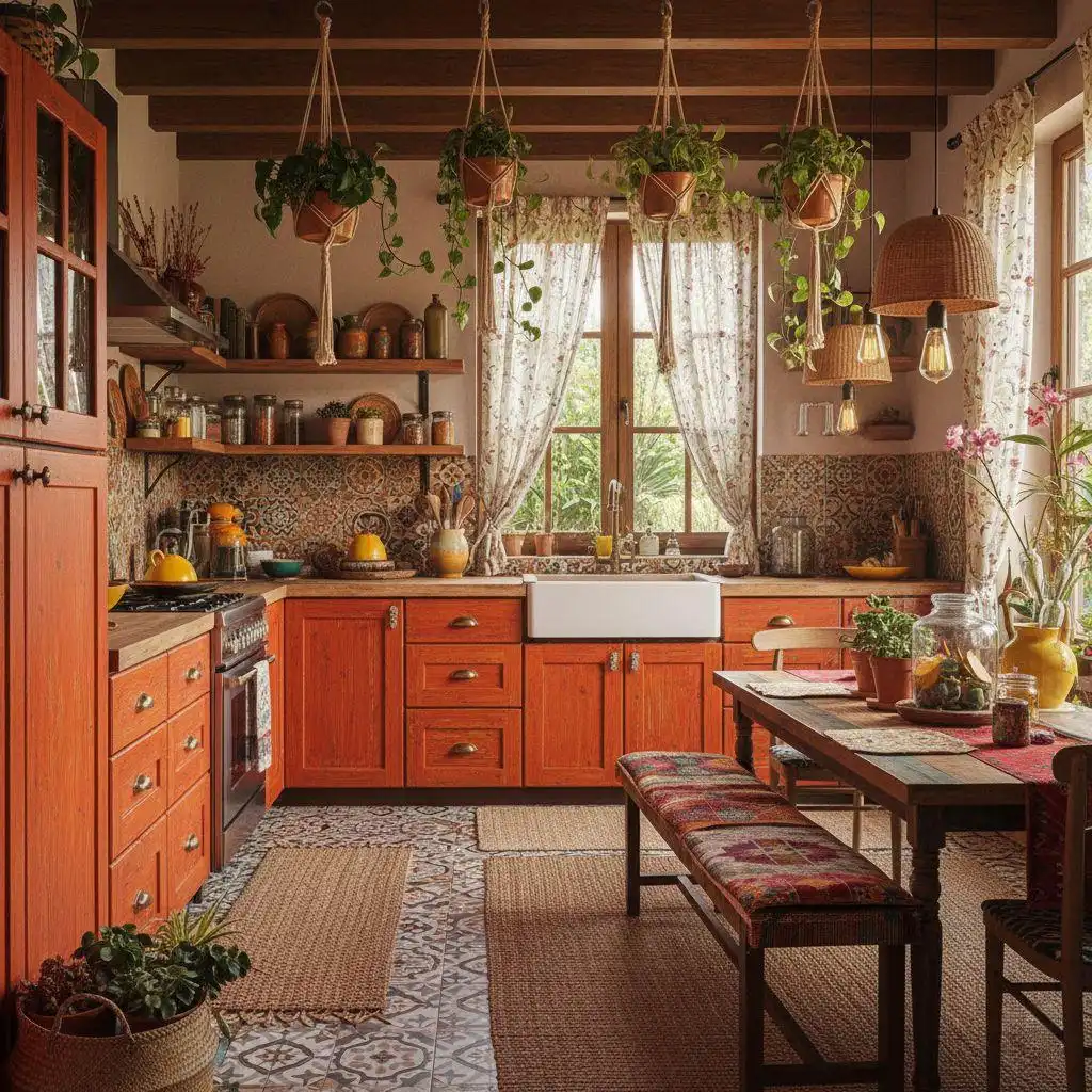 A cozy, Bohemian-style kitchen featuring rustic vibrant orange wooden cabinets with brass knobs, a farmhouse sink, and open shelving filled with pottery.