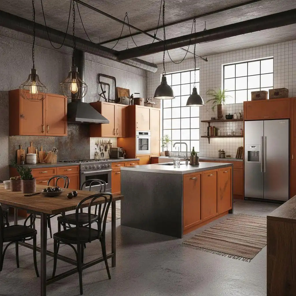 A trendy, industrial-style kitchen featuring vibrant orange kitchen cabinets and a dark gray island. The space has a concrete floor, exposed ductwork, large grid windows, subway tile backsplash, and rustic wooden dining furniture.