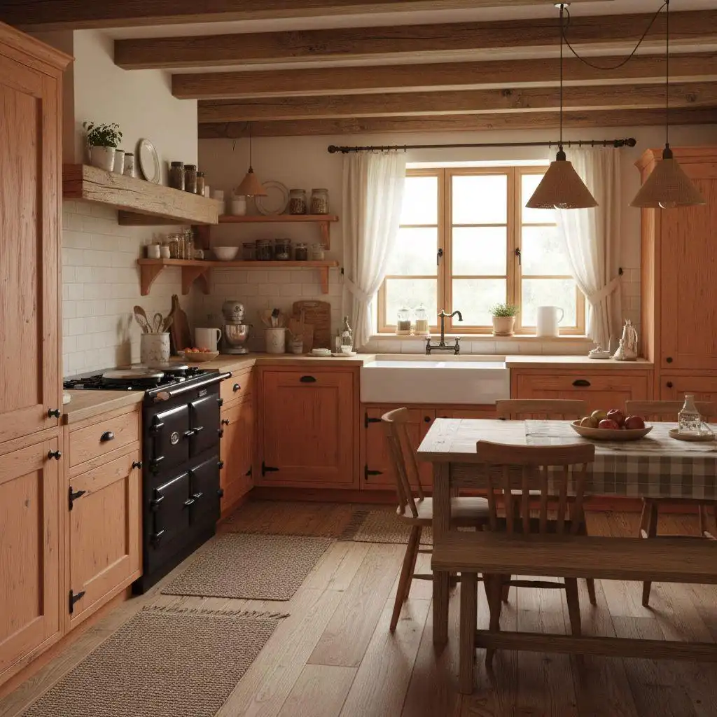 Rustic farmhouse kitchen featuring warm, light-stained vibrant orange kitchen cabinets, an antique black range cooker, wooden beams, a farmhouse sink, and a light wood dining bench set with a checkered tablecloth.