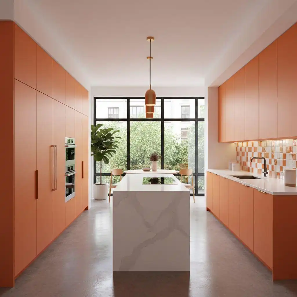 Gallery-style kitchen with floor-to-ceiling, handleless vibrant orange kitchen cabinets, a waterfall marble island, and a full-height window overlooking a garden.
