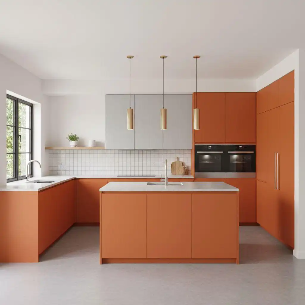 A bright, vibrant orange kitchen with sleek white countertops, modern stainless steel appliances, and wooden open shelving, showcasing bold and lively vibrant orange kitchen cabinets design ideas.
