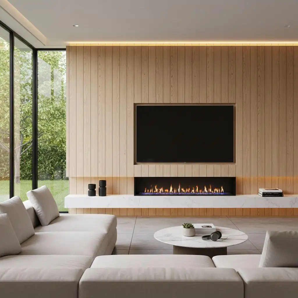 Modern living room featuring vertical wooden wall panels, an embedded TV, a linear fireplace set on a white marble shelf, a white modular sectional sofa, and a round coffee table.