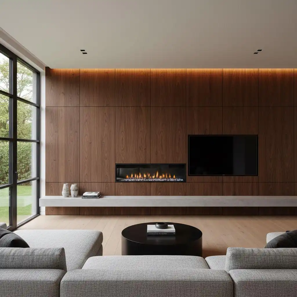 Modern living room featuring dark walnut wooden wall panels, an embedded linear fireplace and TV, a long gray stone shelf underneath, a gray modular sectional sofa, and a black round coffee table.