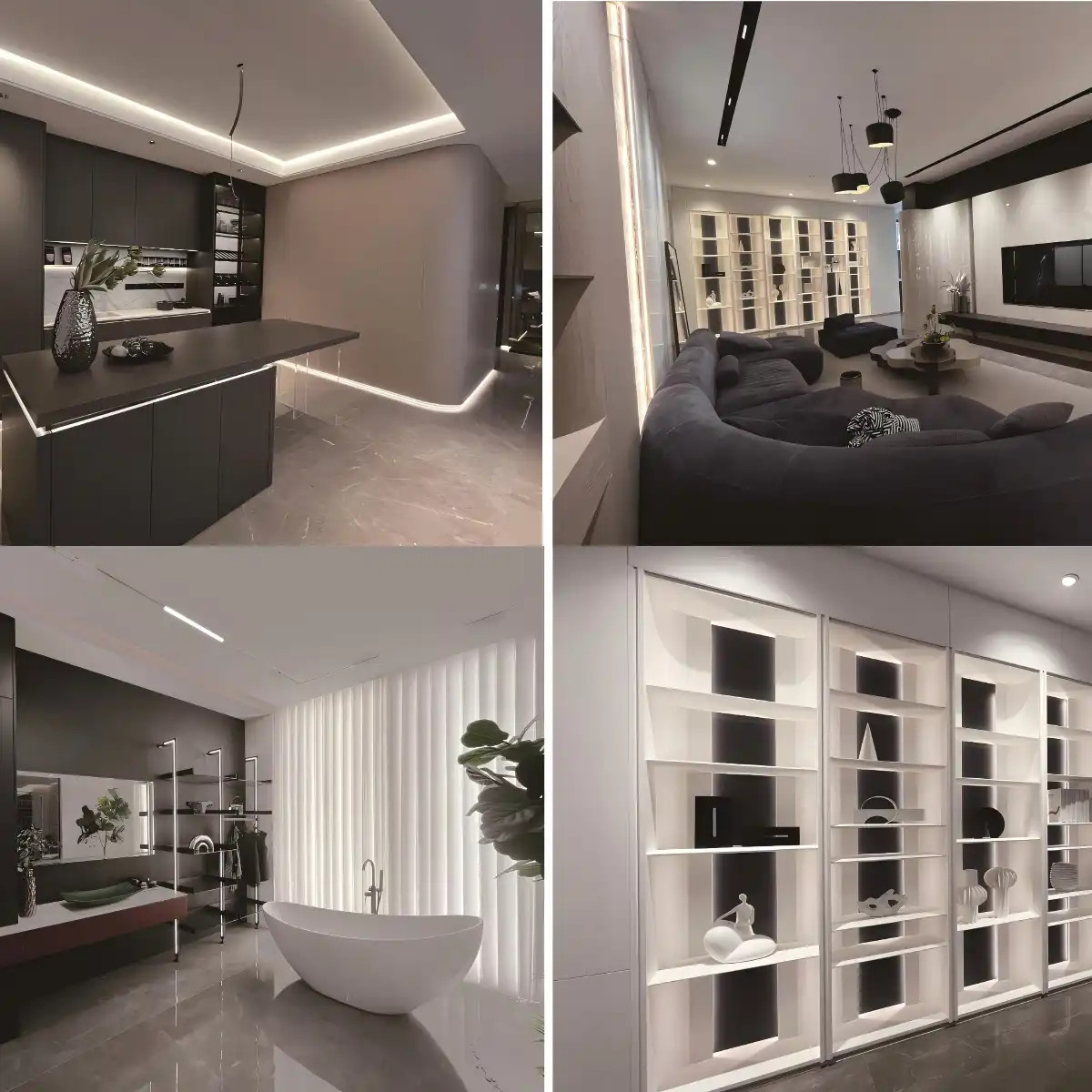 2026 01 29 07 14 49 A collage of four images showcasing a luxury ultra-modern home interior featuring a dark minimalist kitchen, a spacious living room with a curved sofa, a spa-like bathroom with a freestanding tub, and illuminated display shelving.