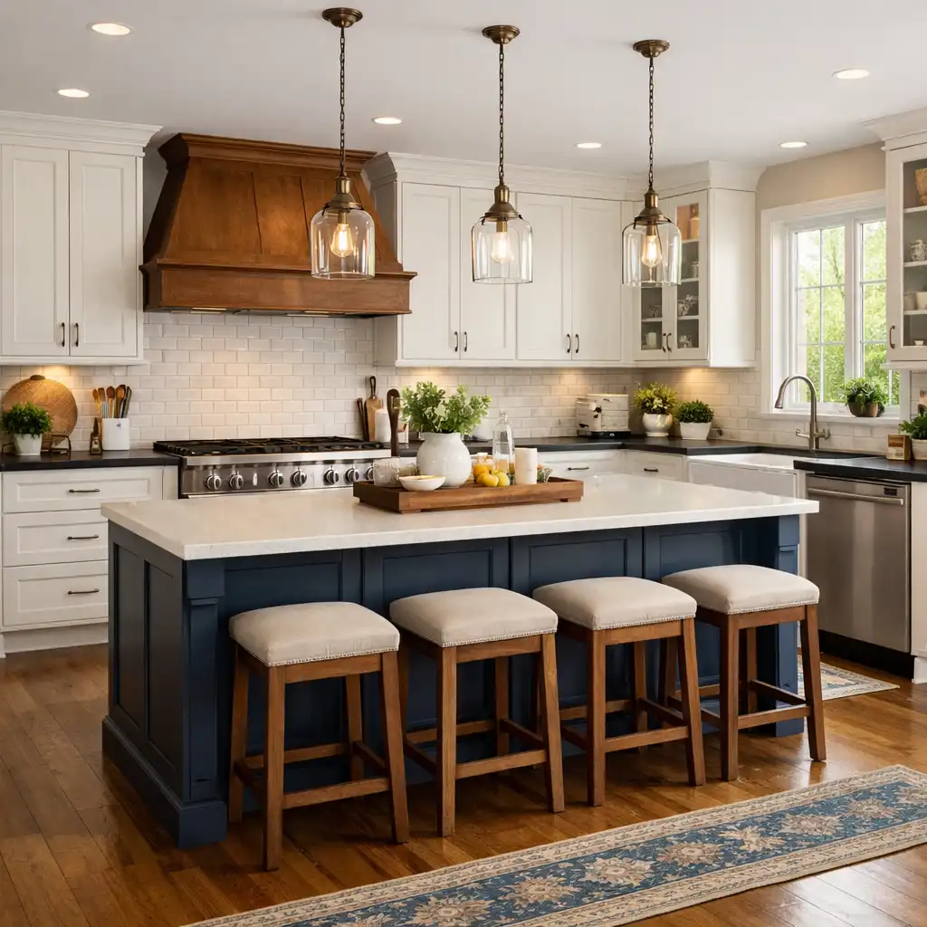 Classic American kitchen cabinet design with white perimeter cabinets, a navy blue island, and a rustic wood range hood.