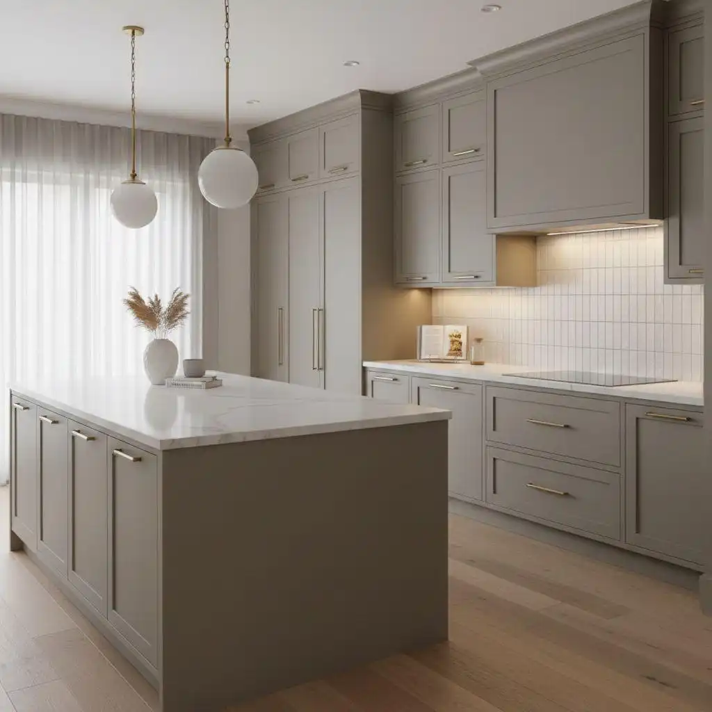 A minimalist kitchen featuring warm taupe or greige cabinets with slim gold handles, a white marble island, and spherical pendant lights.