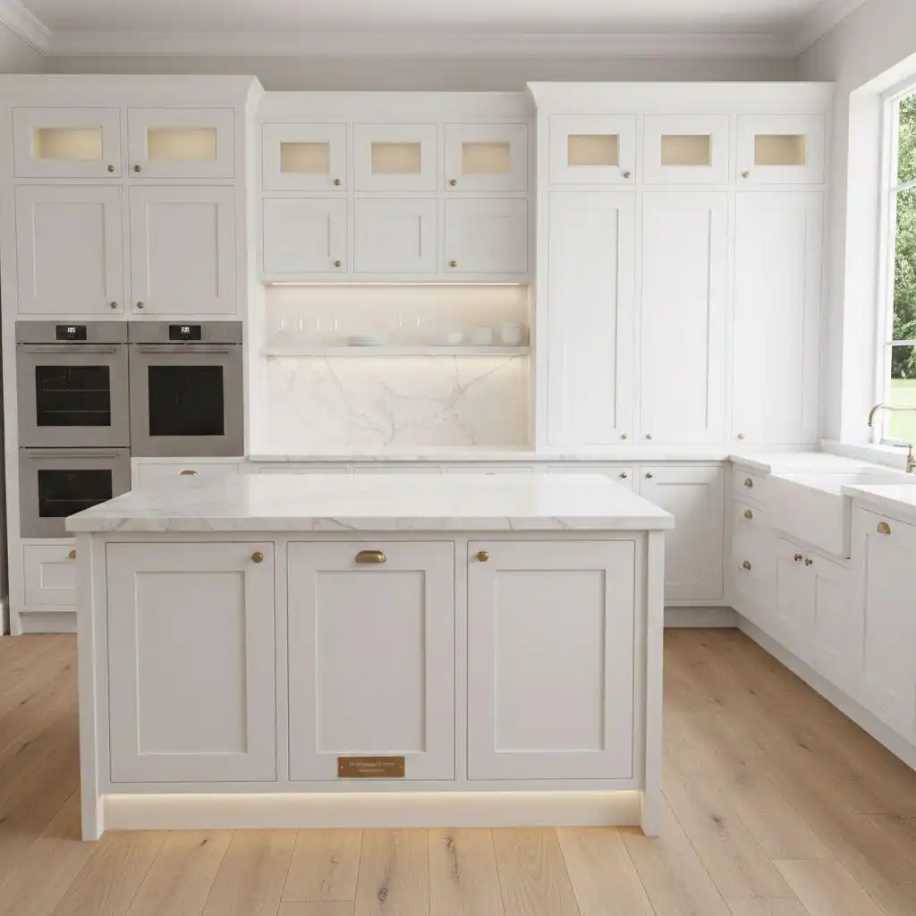A bright, modern kitchen featuring off-white Shaker-style cabinets with gold hardware, a marble waterfall island, and light wood flooring.