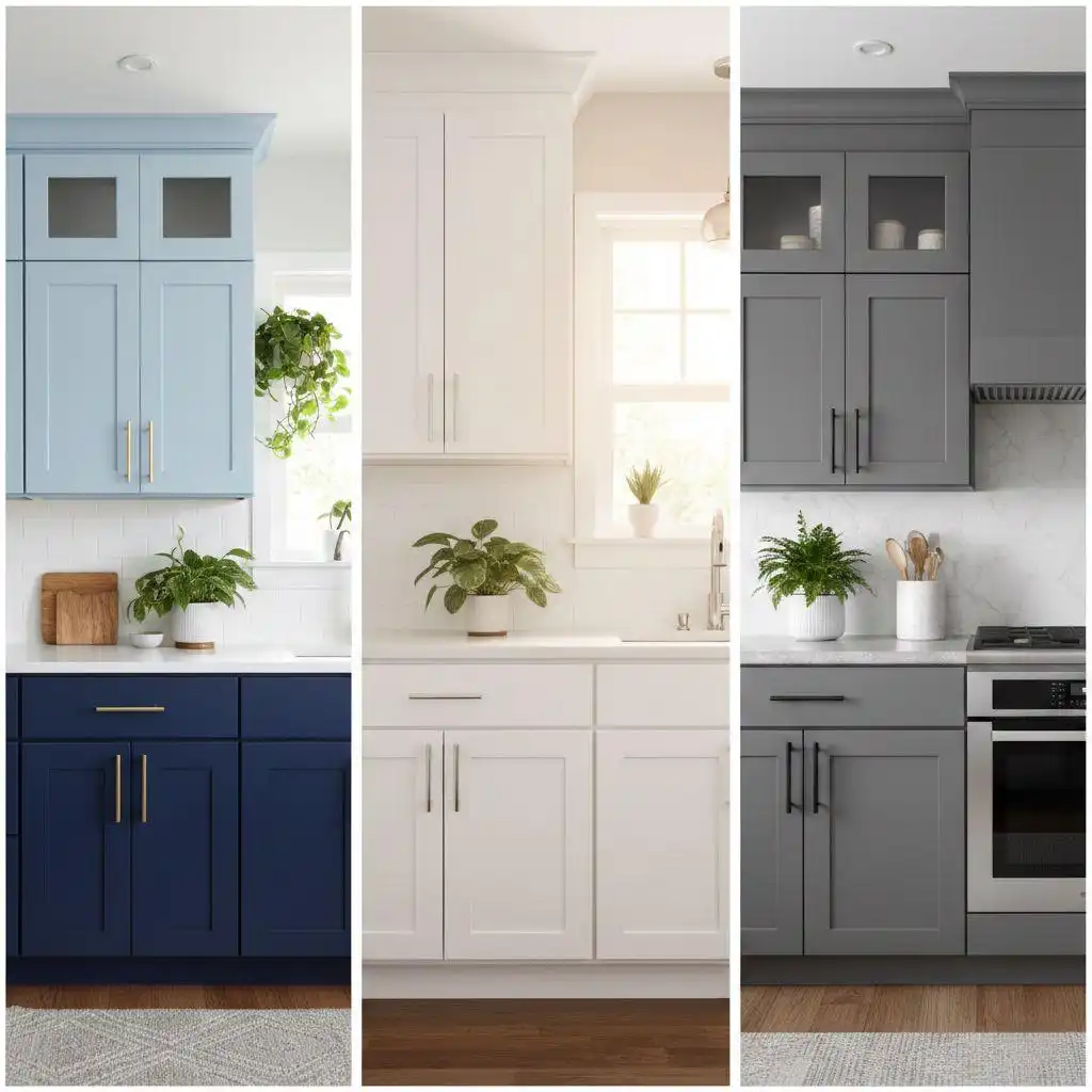 A three-panel comparison of kitchen cabinet colors that sell a house: a two-tone navy and light blue design with gold hardware, a classic all-white Shaker style kitchen, and a modern charcoal gray kitchen with black accents.