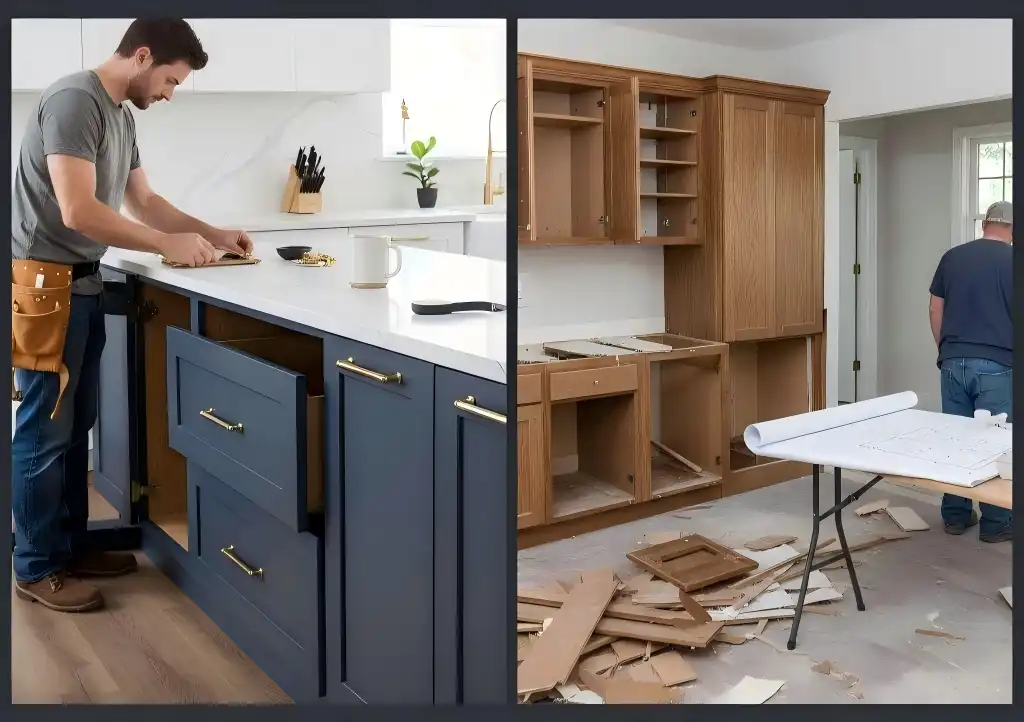 A side-by-side comparison of Cabinet refacing vs replacing with new blue doors versus a full cabinet replacement demolition.