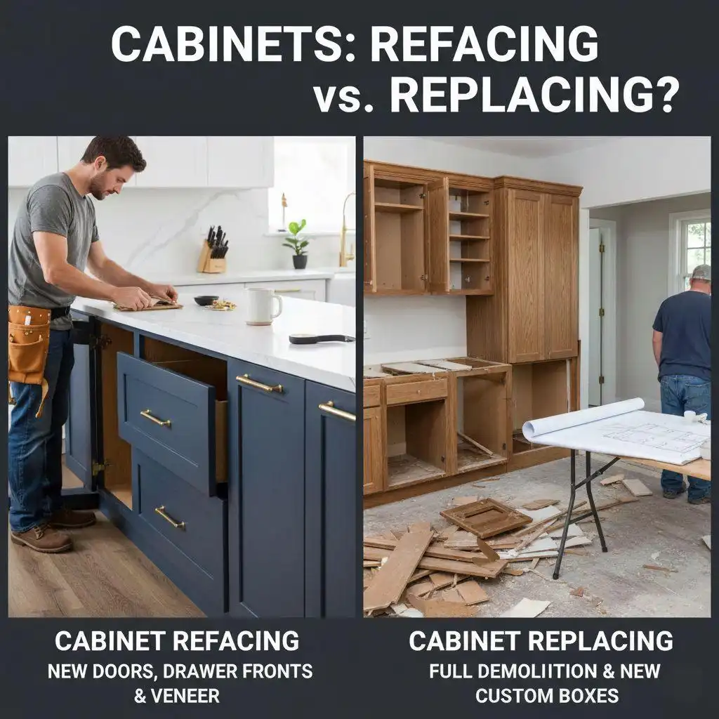 A side-by-side comparison of cabinet refacing with new blue doors versus a full cabinet replacement demolition.