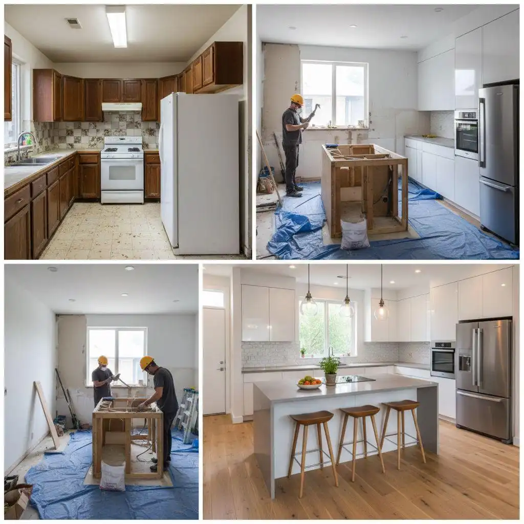 Before, during, and after photos of a kitchen remodel where old wood cabinets are replaced with custom modern white cabinetry and a new layout.