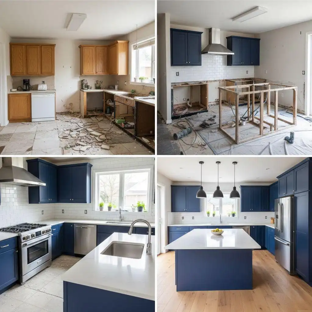 Before and after images of a kitchen renovation where old oak cabinets are replaced by custom navy blue cabinetry and a large white marble island.