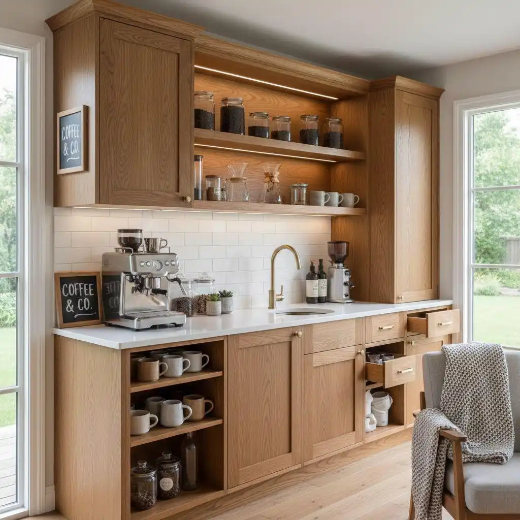 Warm oak wood coffee bar cabinet layout with Shaker-style doors, white subway tile backsplash, gold hardware, and open shelving for coffee mugs and jars.