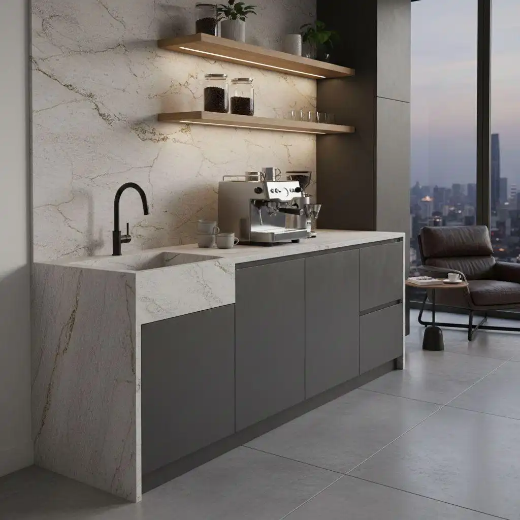 Modern coffee bar cabinet layout featuring matte grey cabinetry, an integrated stone sink, and a marble backsplash with floating wooden shelves and professional espresso machine.