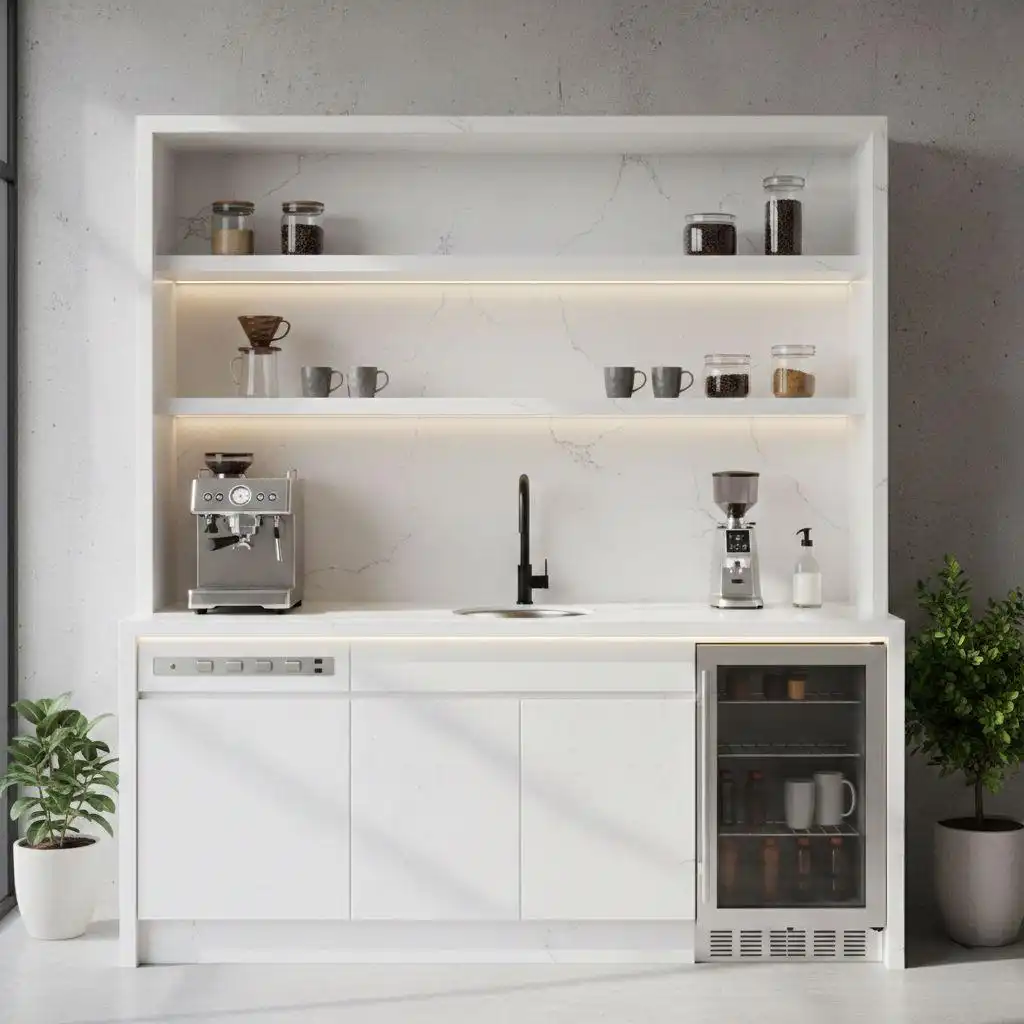 All-white coffee bar cabinet layout featuring a marble-textured hutch, integrated shelves with LED lighting, a built-in beverage cooler, and professional espresso equipment.