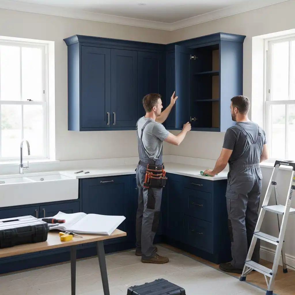 Two professional installers in grey overalls fitting navy blue shaker-style kitchen cabinets and white countertops in a modern bright kitchen.