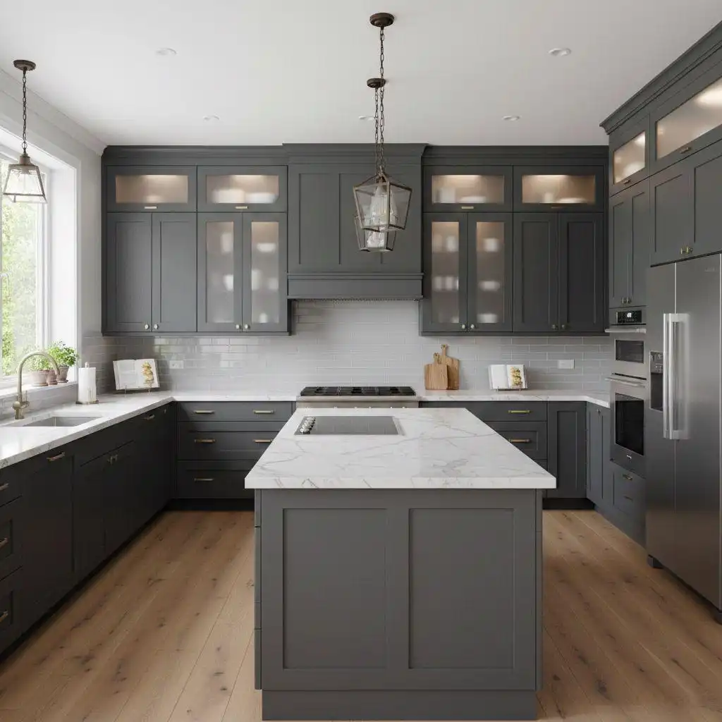 Modern charcoal grey shaker-style kitchen cabinets featuring gold hardware, white marble countertops, and a large center island with integrated cooktop.
