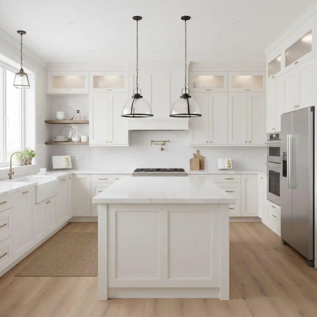 Cost of kitchen cabinets and installation Large modern white kitchen with high-end shaker cabinets, a central island, integrated stainless steel appliances, and glass pendant lighting over wood flooring.