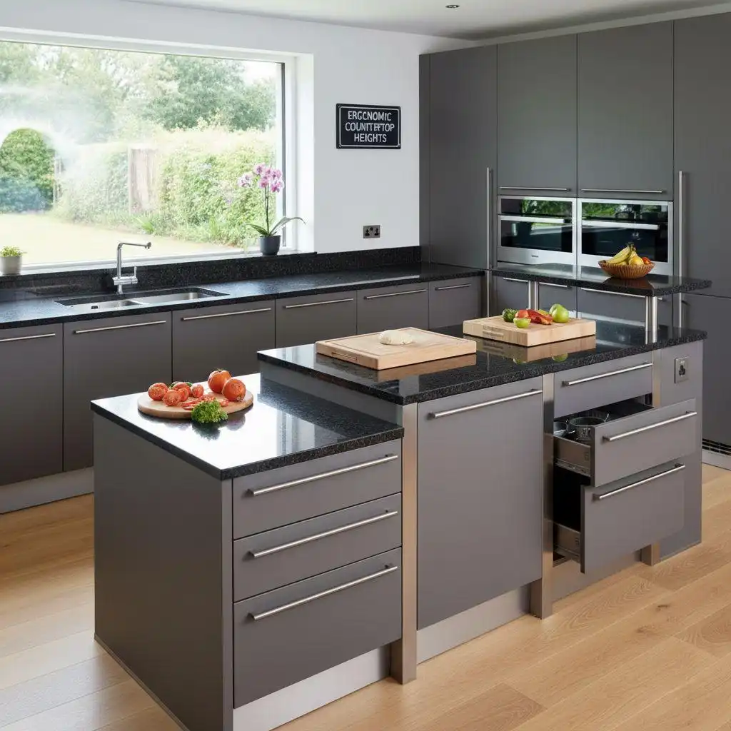 Modern gray kitchen with multi-level island showcasing countertop height ergonomics, featuring tiered black granite surfaces for different culinary tasks.