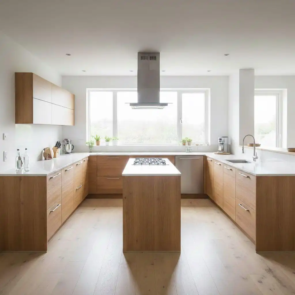 Modern U-shaped kitchen featuring ergonomic wooden cabinetry and white countertops, highlighting optimal countertop height for meal preparation.