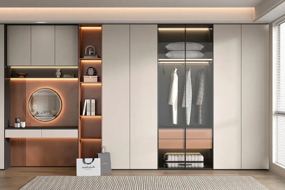 Custom Wardrobe Design 6 Luxury custom wardrobe design in off-white featuring a transparent glass display section, integrated warm LED strip lighting, and a side vanity.