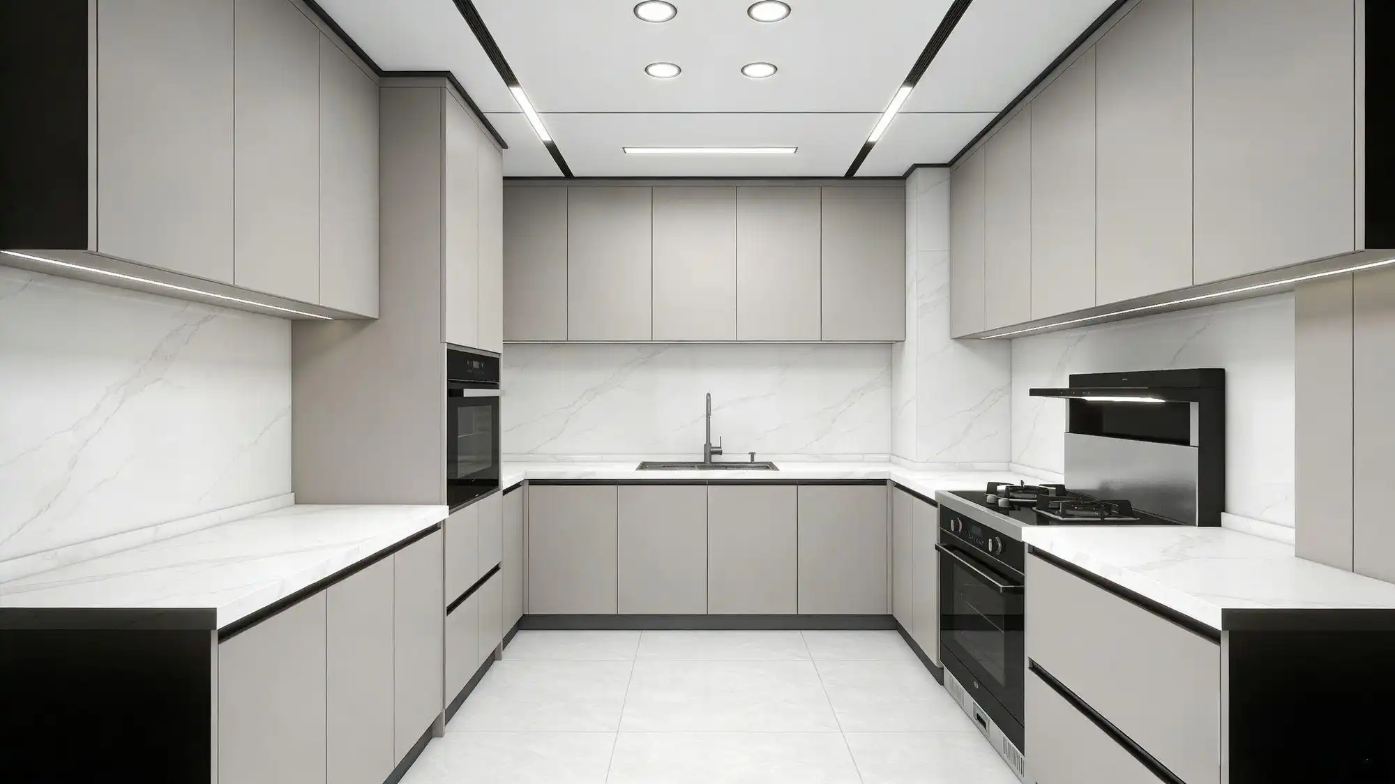 Luxury kitchen interior showing custom kitchen cabinets with under-cabinet lighting and integrated oven.