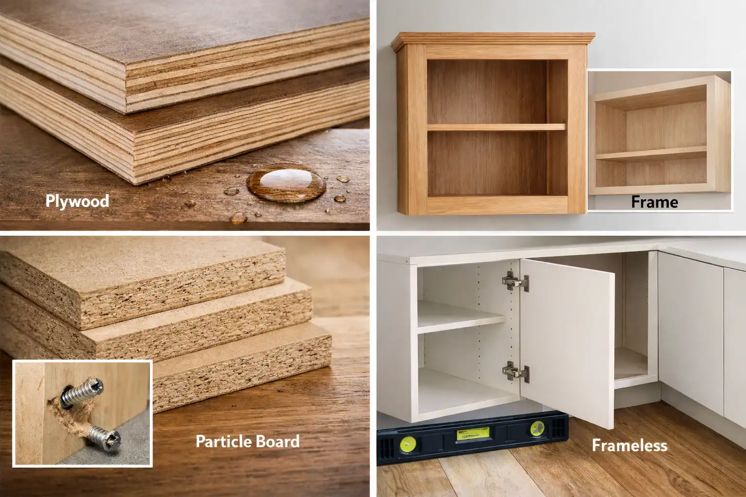 Custom kitchen cabinets 2 Comparison of plywood vs particle board for custom kitchen cabinets with framed and frameless construction examples.