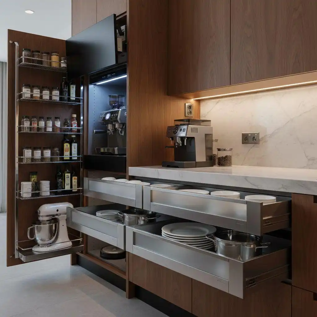 Custom kitchen cabinets 3 Custom kitchen cabinets featuring a built-in pantry with door shelving, pull-out drawers, and an integrated coffee station.