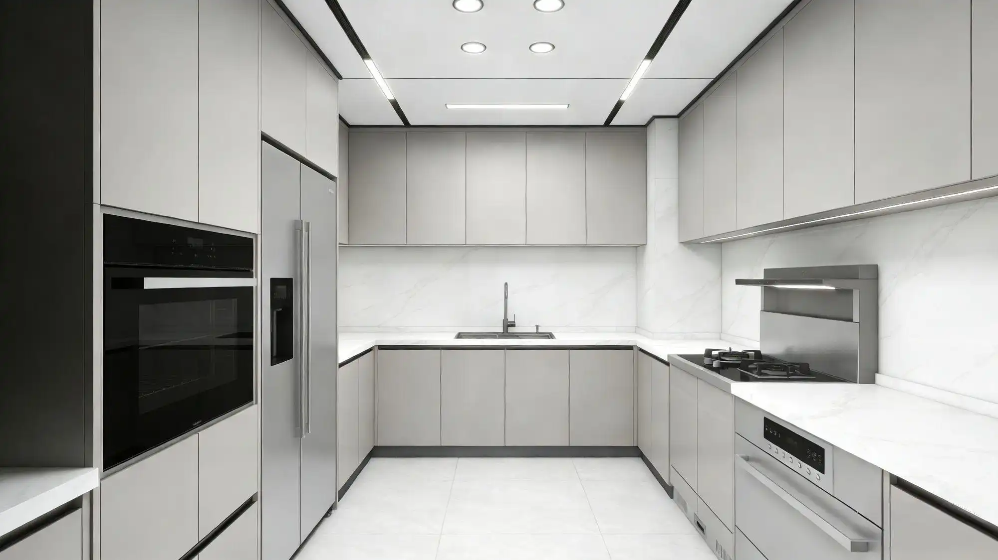 Custom kitchen cabinets 4 Modern U-shaped kitchen with floor-to-ceiling custom kitchen cabinets in a matte gray finish and white marble backsplash.