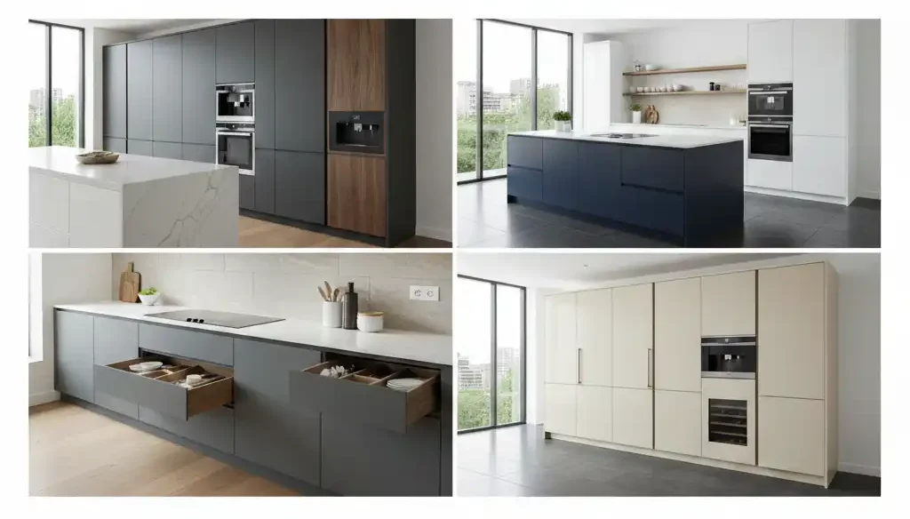 Modern minimalist dark grey and wood grain semi-custom kitchen cabinets with integrated ovens and handle-less flat panel doors.
