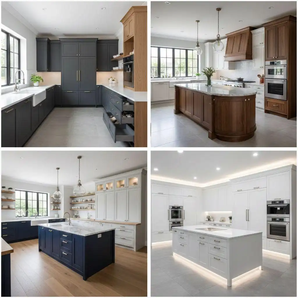 Collection of four transitional kitchen designs featuring navy blue islands, white Shaker cabinets, and warm wood accents in a semi-custom layout.