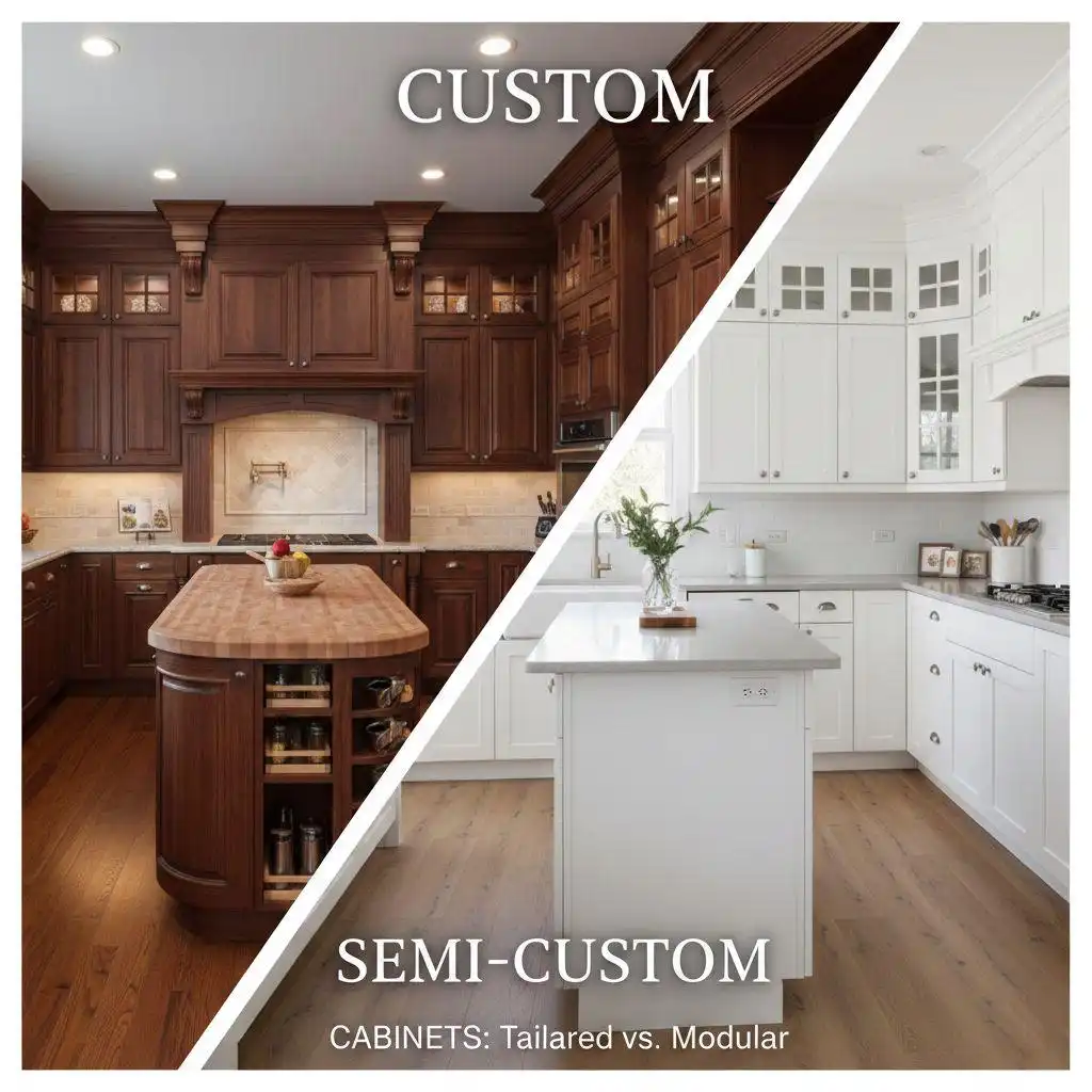Comparison graphic showing dark wood ornate custom cabinetry versus bright white modular custom vs semi-custom cabinets.