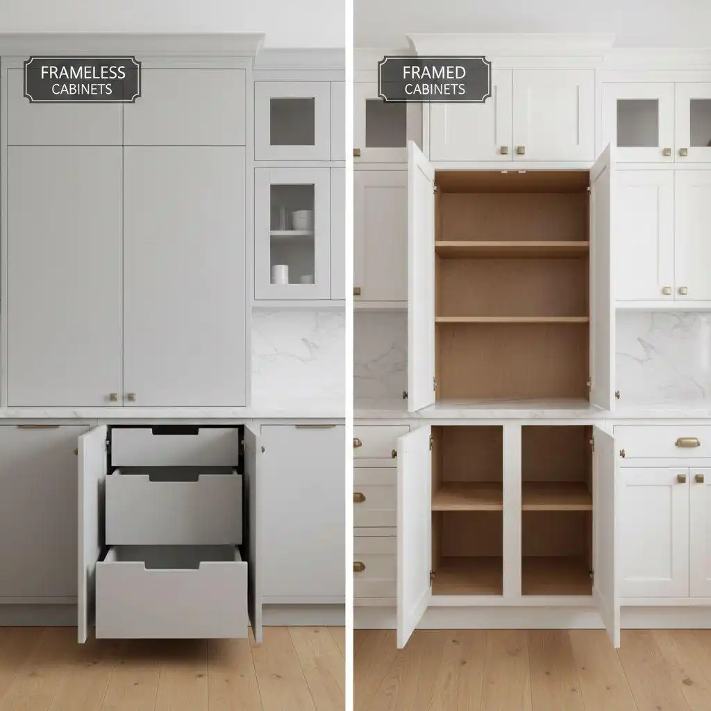 Side-by-side comparison of Frameless vs Framed cabinets interiors. Left shows grey frameless cabinets with wide drawers; right shows white framed cabinets featuring distinct face frames and interior shelving.