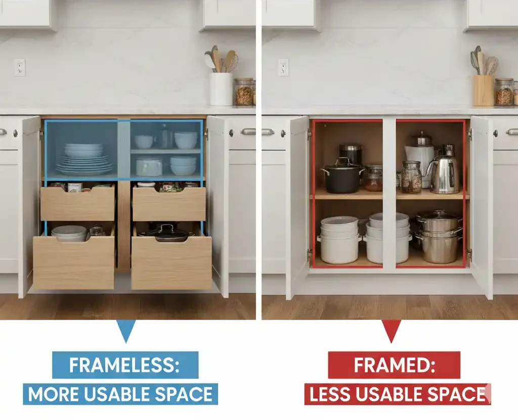 Comparison of cabinet storage efficiency. Blue overlay shows "More Usable Space" in frameless cabinets with drawers; red overlay shows "Less Usable Space" in framed cabinets due to face frame obstruction.