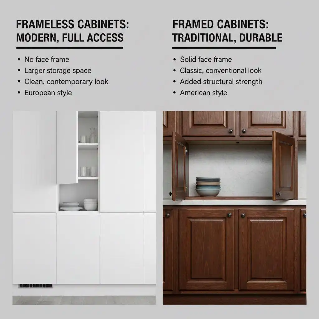 A comparison infographic between Frameless and Framed cabinets. The left side shows modern white frameless cabinets with full access, while the right side features traditional dark wood framed cabinets highlighting structural strength.