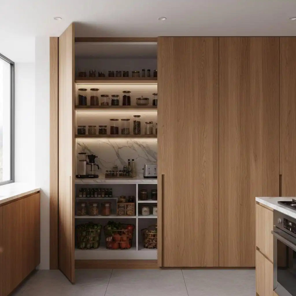 A wide-angle view of a luxury hidden kitchen pantry with dual oak sliding doors fully retracted to reveal a large, backlit shelving unit and deep storage drawers next to a white marble kitchen island.