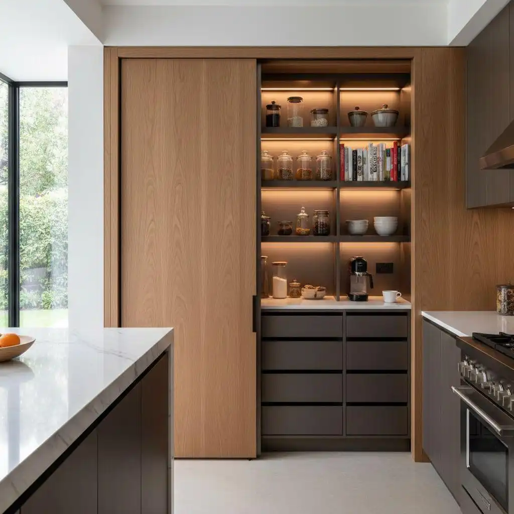 A contemporary hidden kitchen pantry design with a light oak sliding door opening to reveal dark charcoal shelving, integrated warm LED strip lighting, organized cookbooks, and a coffee station.