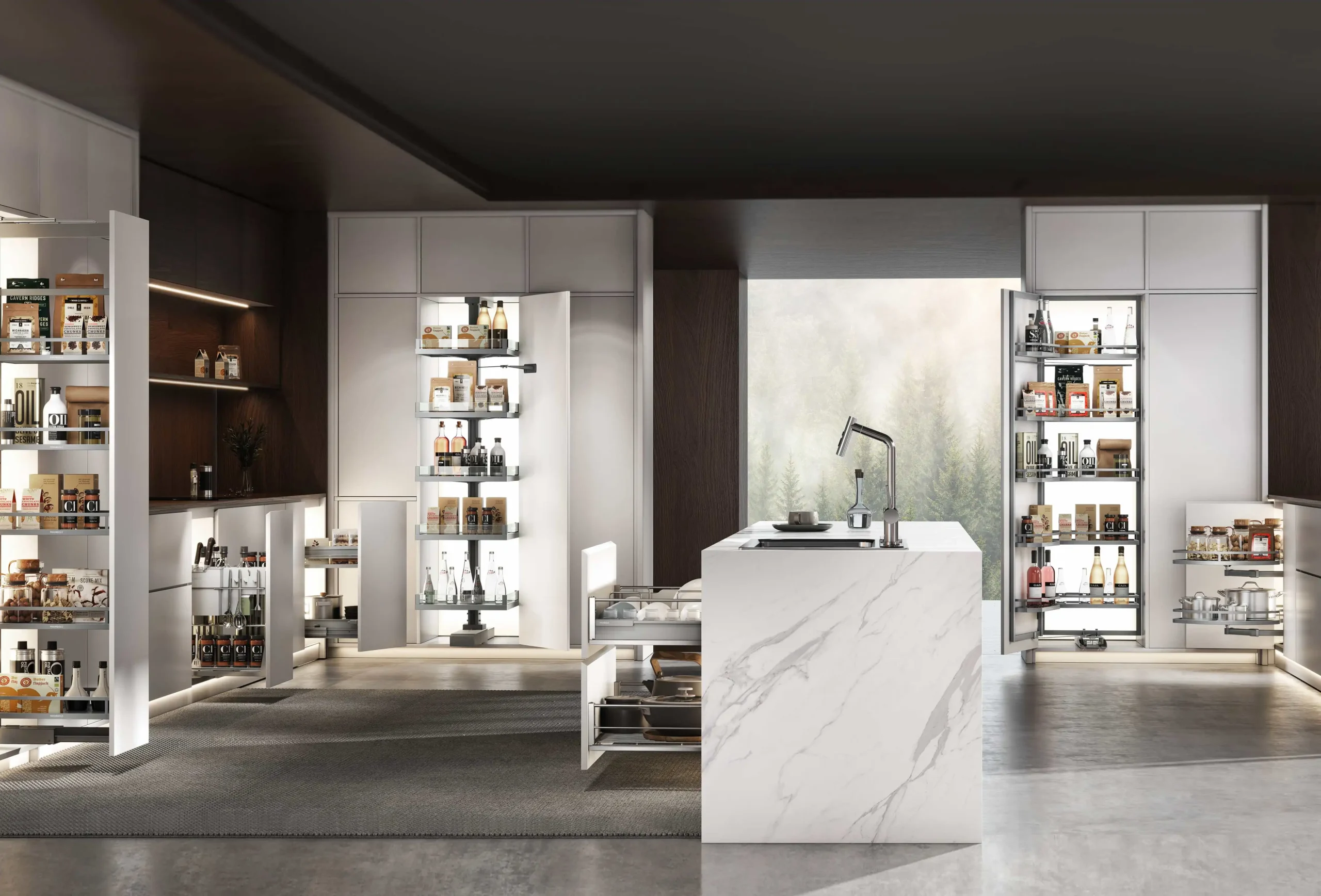 A luxury modern kitchen featuring high-quality kitchen cabinet hardware, specifically integrated pull-out pantry systems, tiered spice racks, and sliding drawer organizers within white minimalist cabinetry.