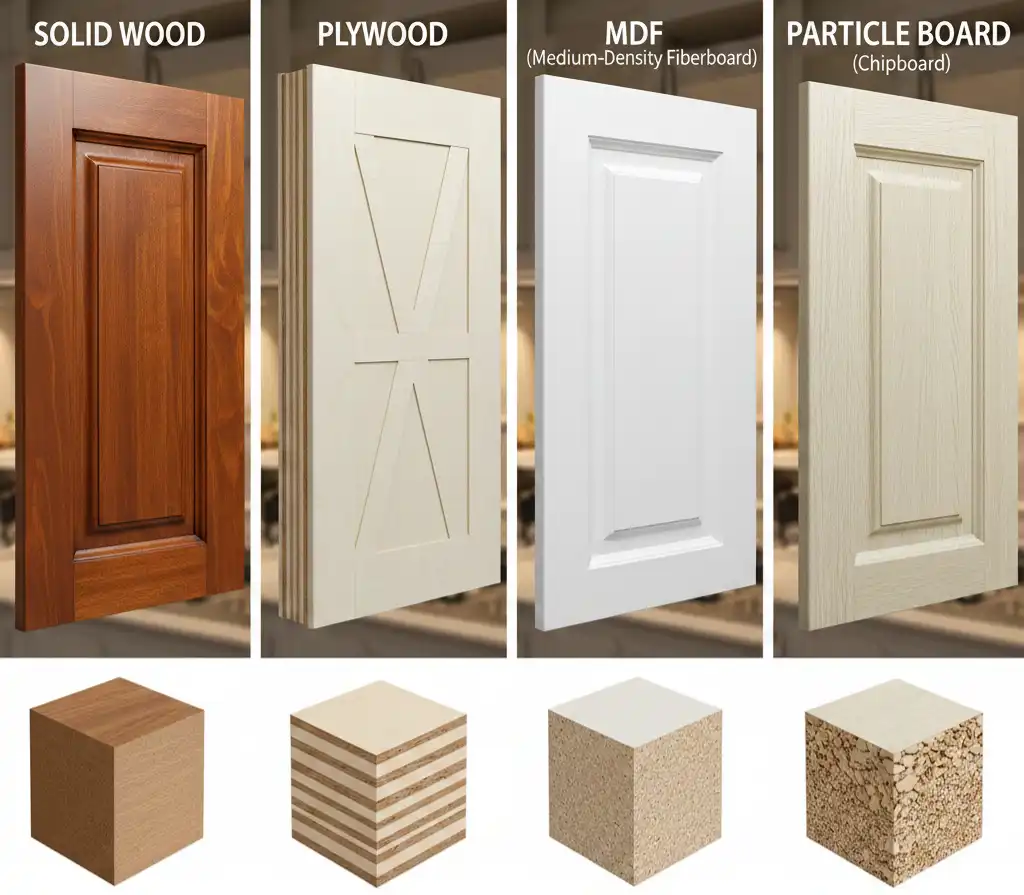Kitchen cabinet materials comparison chart showing finished doors and cross-section structures of Solid Wood, Plywood, MDF, and Particle Board.